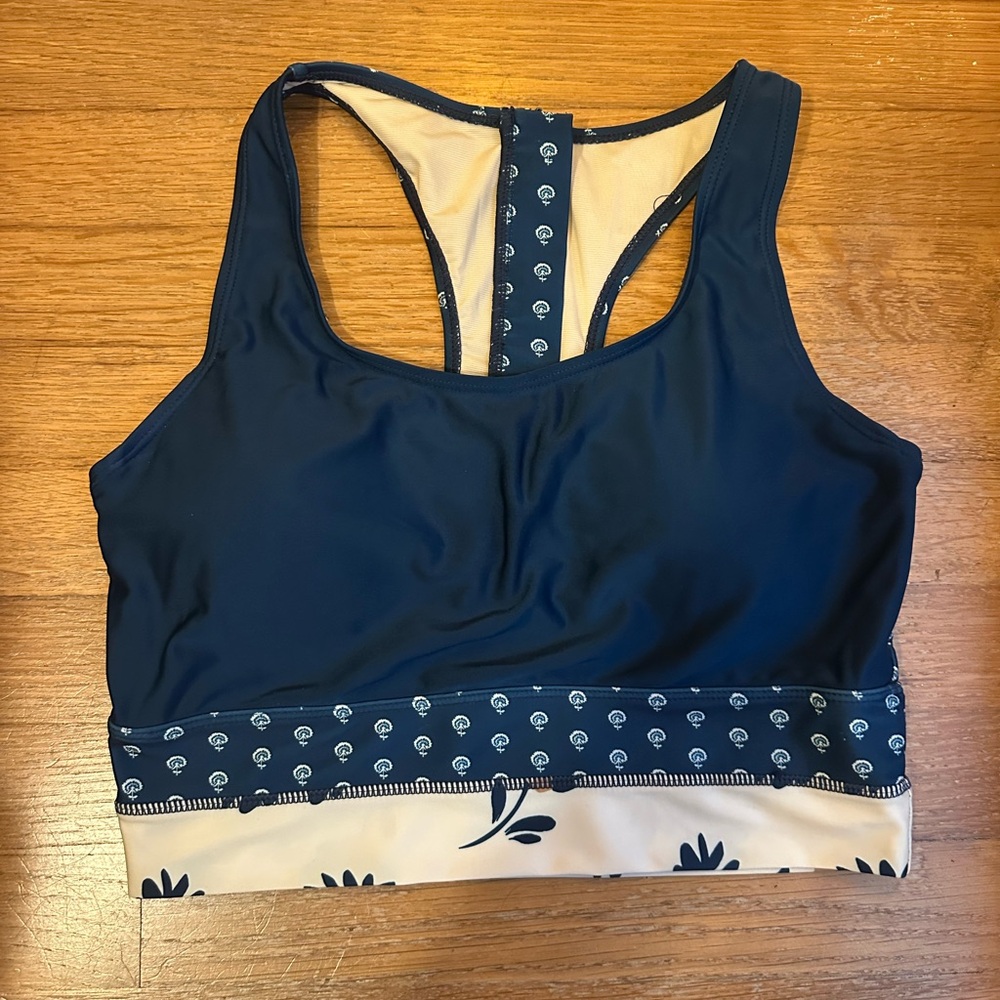 Nani Swimwear Cut Back Crop Bikini Swim Top size large blue and cream swirls
